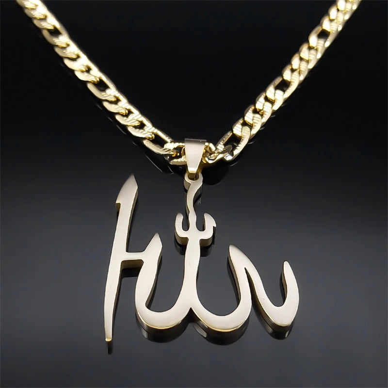 BIG Arabic Allah God Pendant Necklace for Men Women Stainless Steel Gold Plated Islamic Muslim Amulet Necklaces Jewelry N3238S05