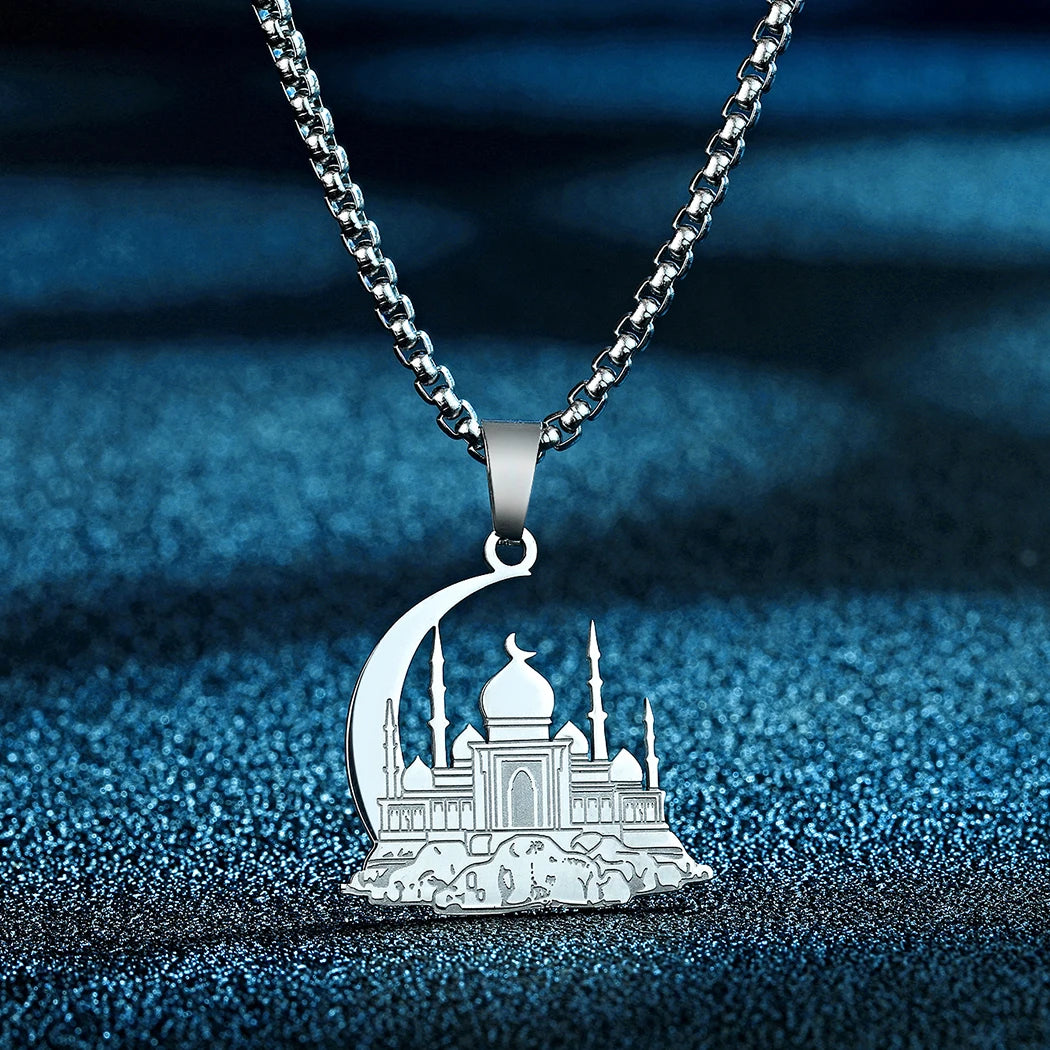 Kinitial Stainless Steel Mosque With Crescent Pendant Necklace For Women Men Jesus Muslim Jewelry Amulet Islamic Necklace