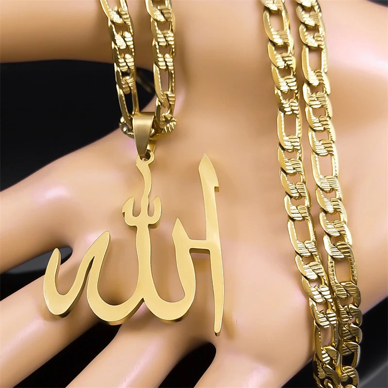 BIG Arabic Allah God Pendant Necklace for Men Women Stainless Steel Gold Plated Islamic Muslim Amulet Necklaces Jewelry N3238S05