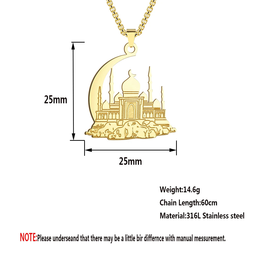 Kinitial Stainless Steel Mosque With Crescent Pendant Necklace For Women Men Jesus Muslim Jewelry Amulet Islamic Necklace