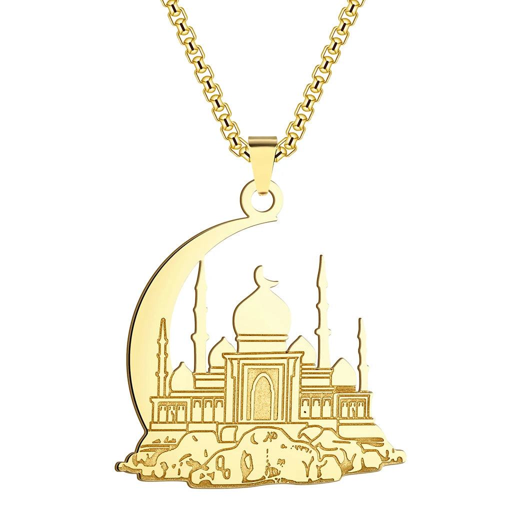 Kinitial Stainless Steel Mosque With Crescent Pendant Necklace For Women Men Jesus Muslim Jewelry Amulet Islamic Necklace