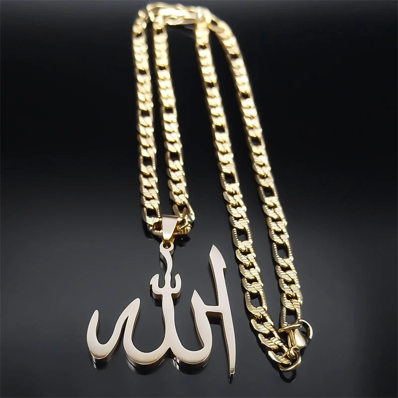 BIG Arabic Allah God Pendant Necklace for Men Women Stainless Steel Gold Plated Islamic Muslim Amulet Necklaces Jewelry N3238S05