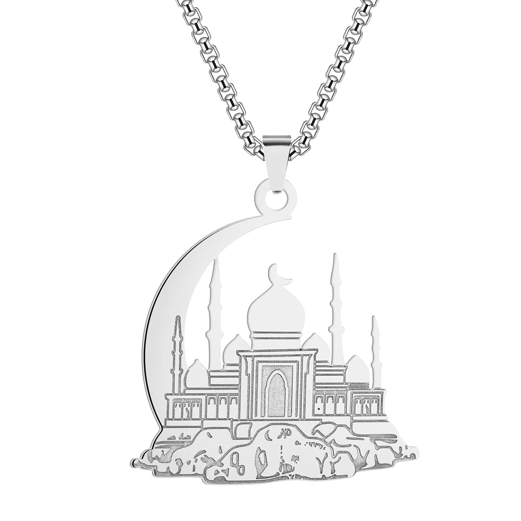 Kinitial Stainless Steel Mosque With Crescent Pendant Necklace For Women Men Jesus Muslim Jewelry Amulet Islamic Necklace