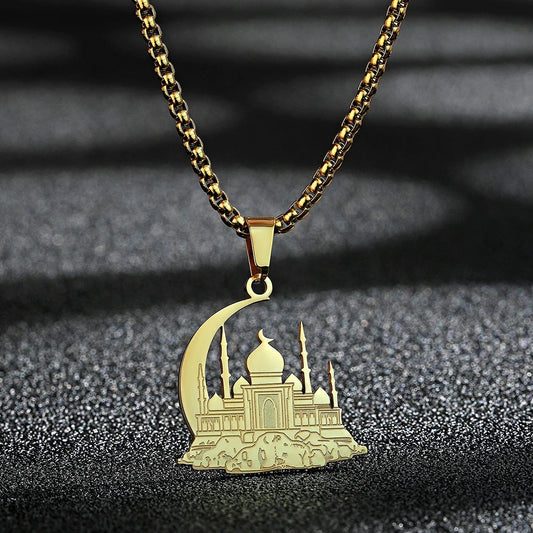 Kinitial Stainless Steel Mosque With Crescent Pendant Necklace For Women Men Jesus Muslim Jewelry Amulet Islamic Necklace